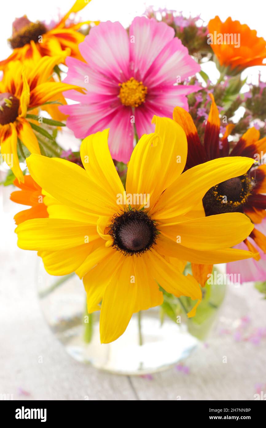 Fleur dans un vase en verre. Arrangement informel de fleurs d'été dans un vase de pot en verre - cosmos, rudbeckia et soucis. ROYAUME-UNI Banque D'Images