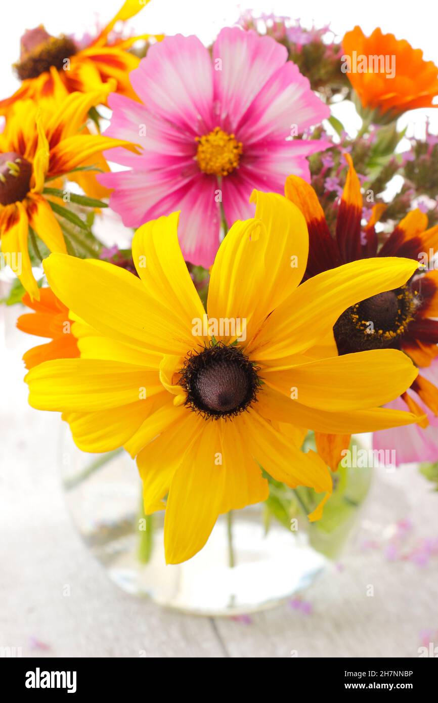 Fleurs coupées.Arrangement informel de fleurs de la fin de l'été dans un vase de confiture.ROYAUME-UNI Banque D'Images