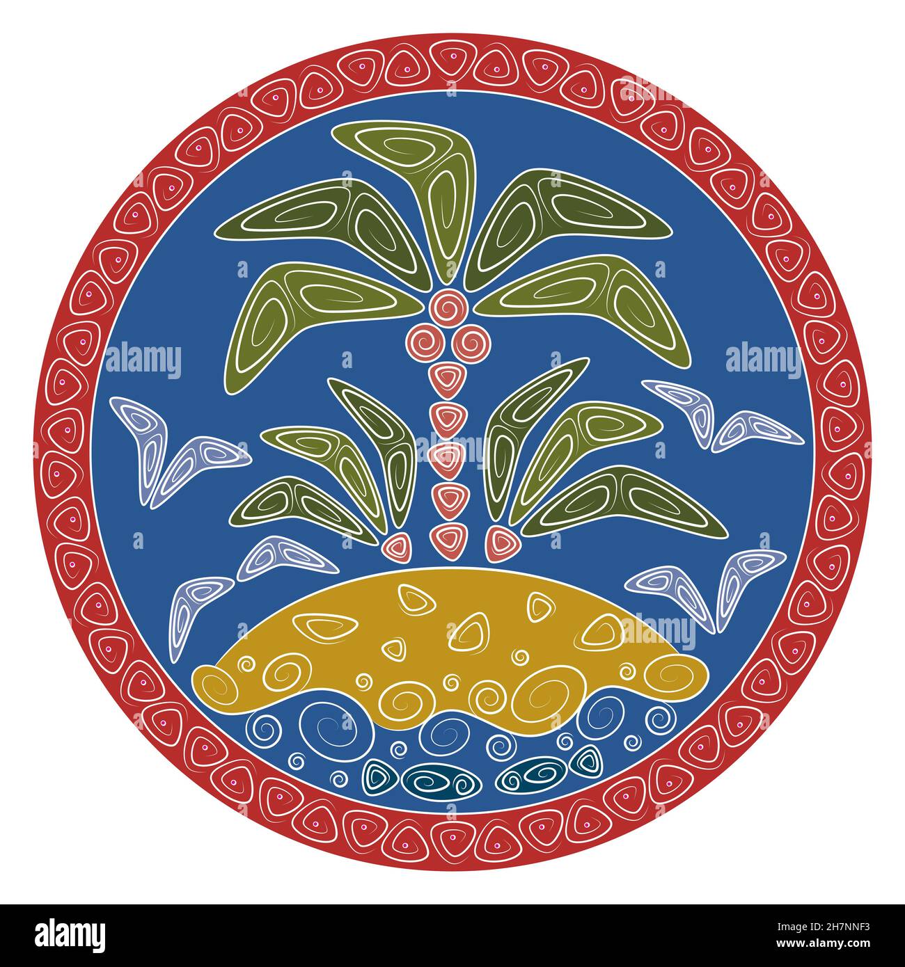 Illustration abstraite avec palmier sur une île tropicale dans l'océan.Objets colorés sur fond blanc. Illustration de Vecteur