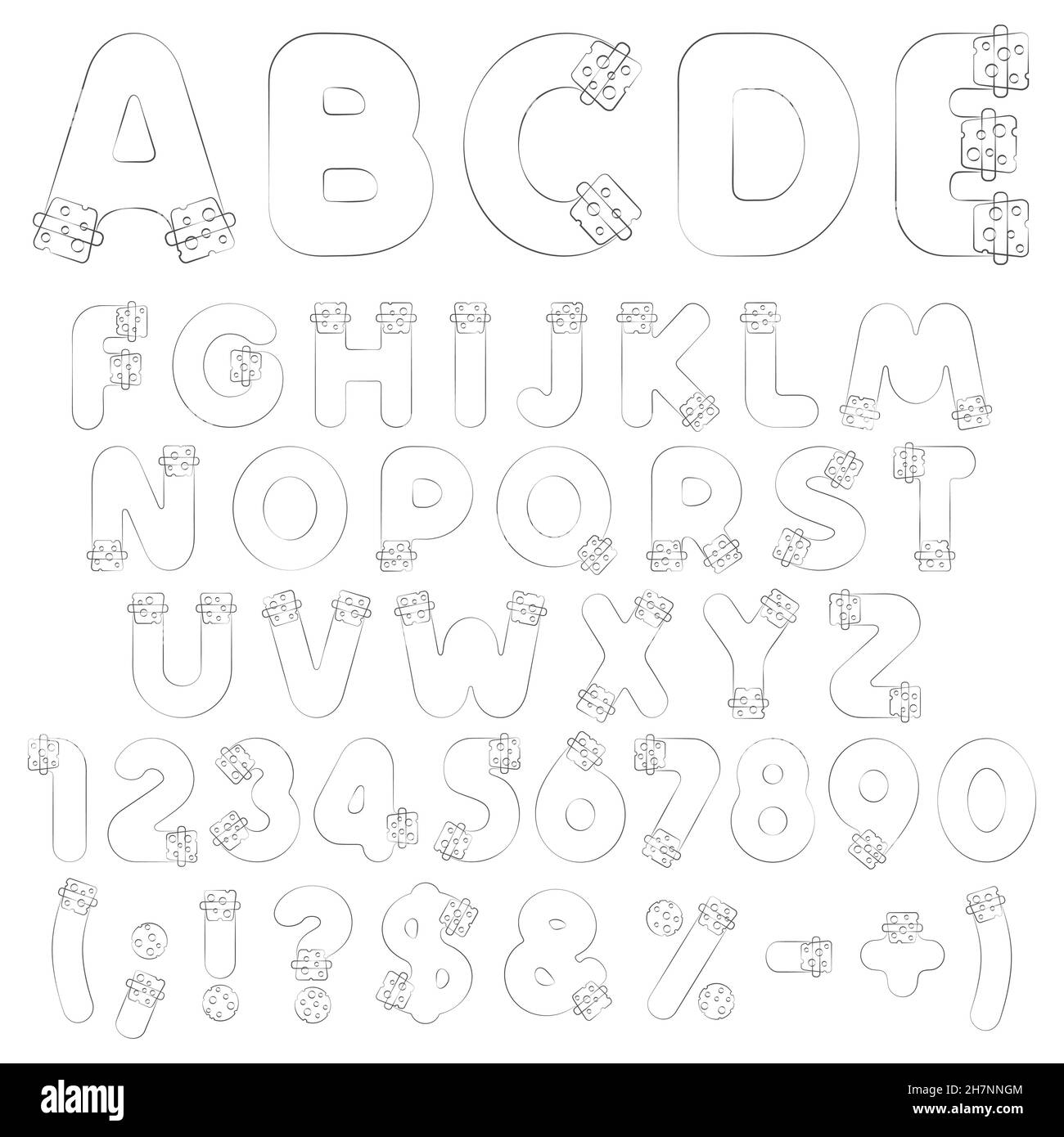 Alphabet, lettres, chiffres et symboles des flacons, tubes avec bouchons.Ensemble d'objets isolés en noir et blanc sur fond blanc. Illustration de Vecteur