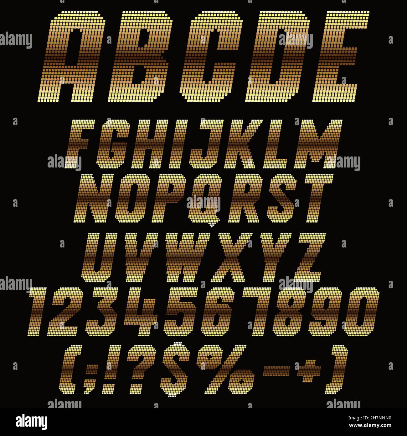 Alphabet, lettres, chiffres et signes des pixels avec dégradé d'or.Ensemble d'objets isolés à vecteur de couleur. Illustration de Vecteur