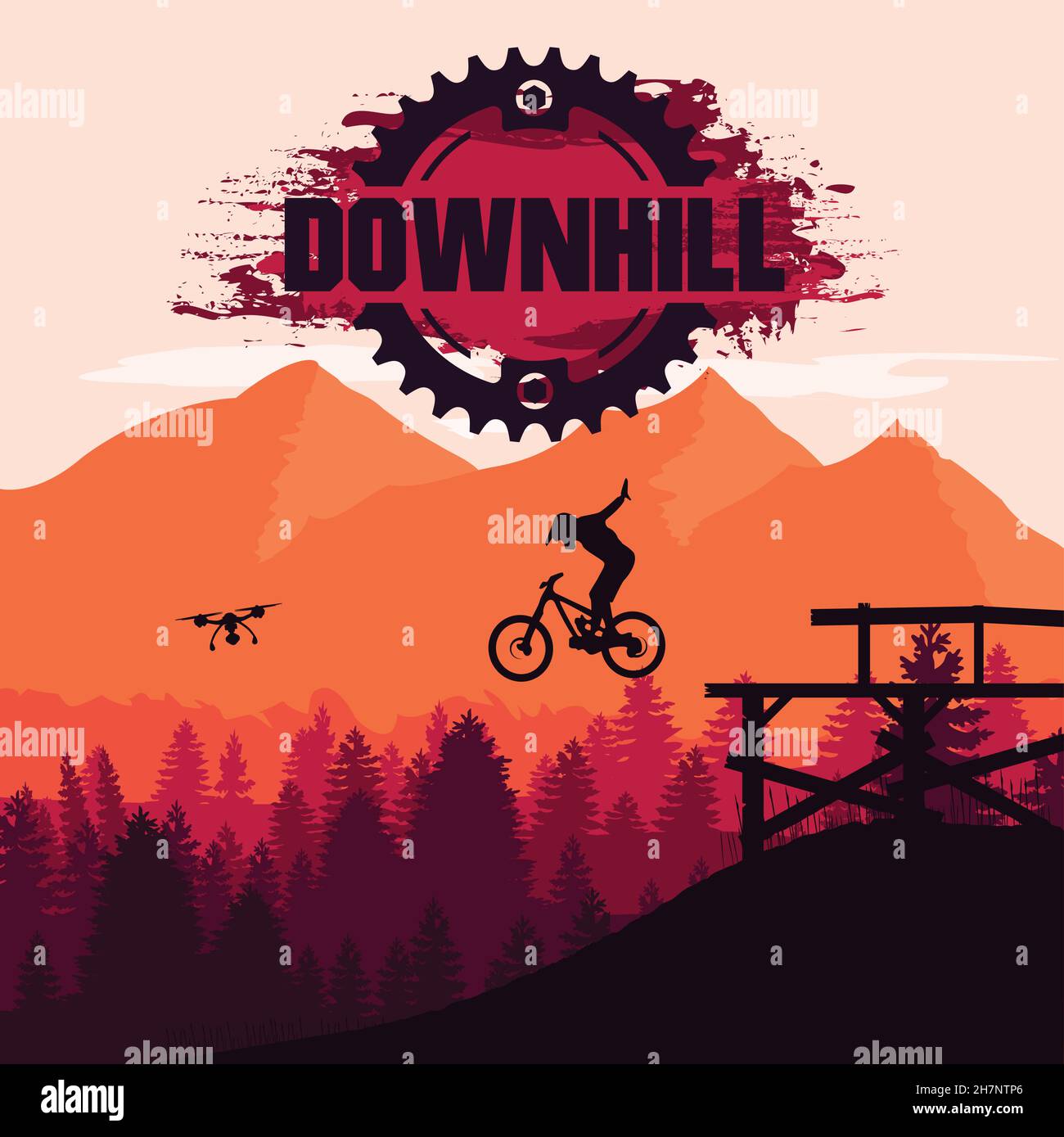 VTT.Descente, freeride, sport extrême.Silhouette de motard de montagne. Illustration de Vecteur