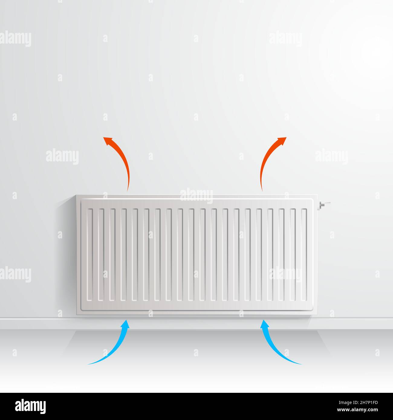 Radiateur de chauffage sur paroi blanche avec flèche indiquant la circulation d'air, vue avant. Illustration de Vecteur