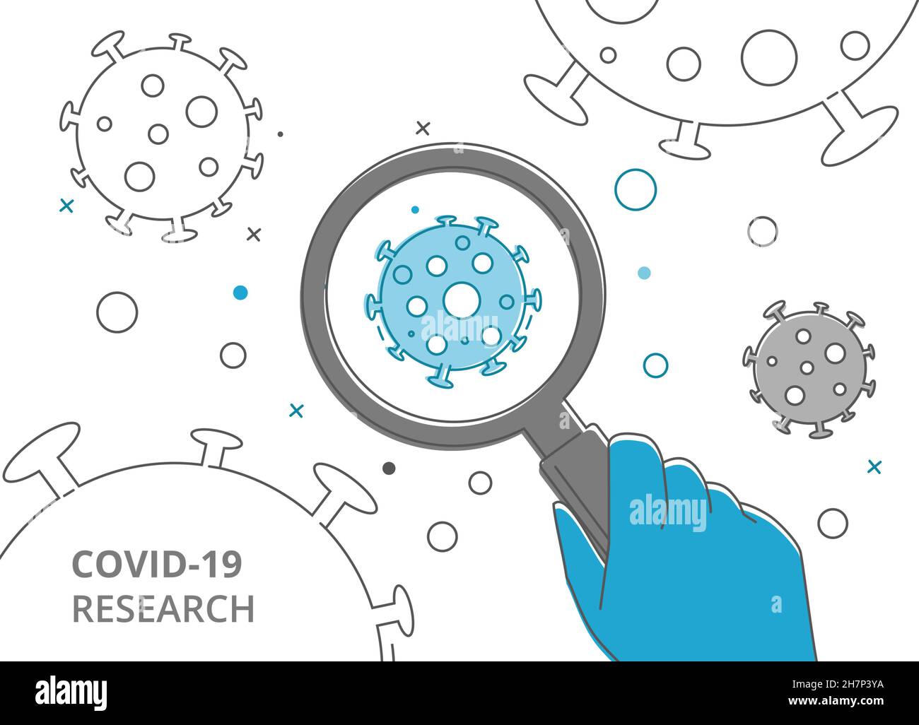 Une main dans un gant médical tient une loupe.Trouve une nouvelle souche de coronavirus.Virus bleu sous une loupe. Illustration de Vecteur