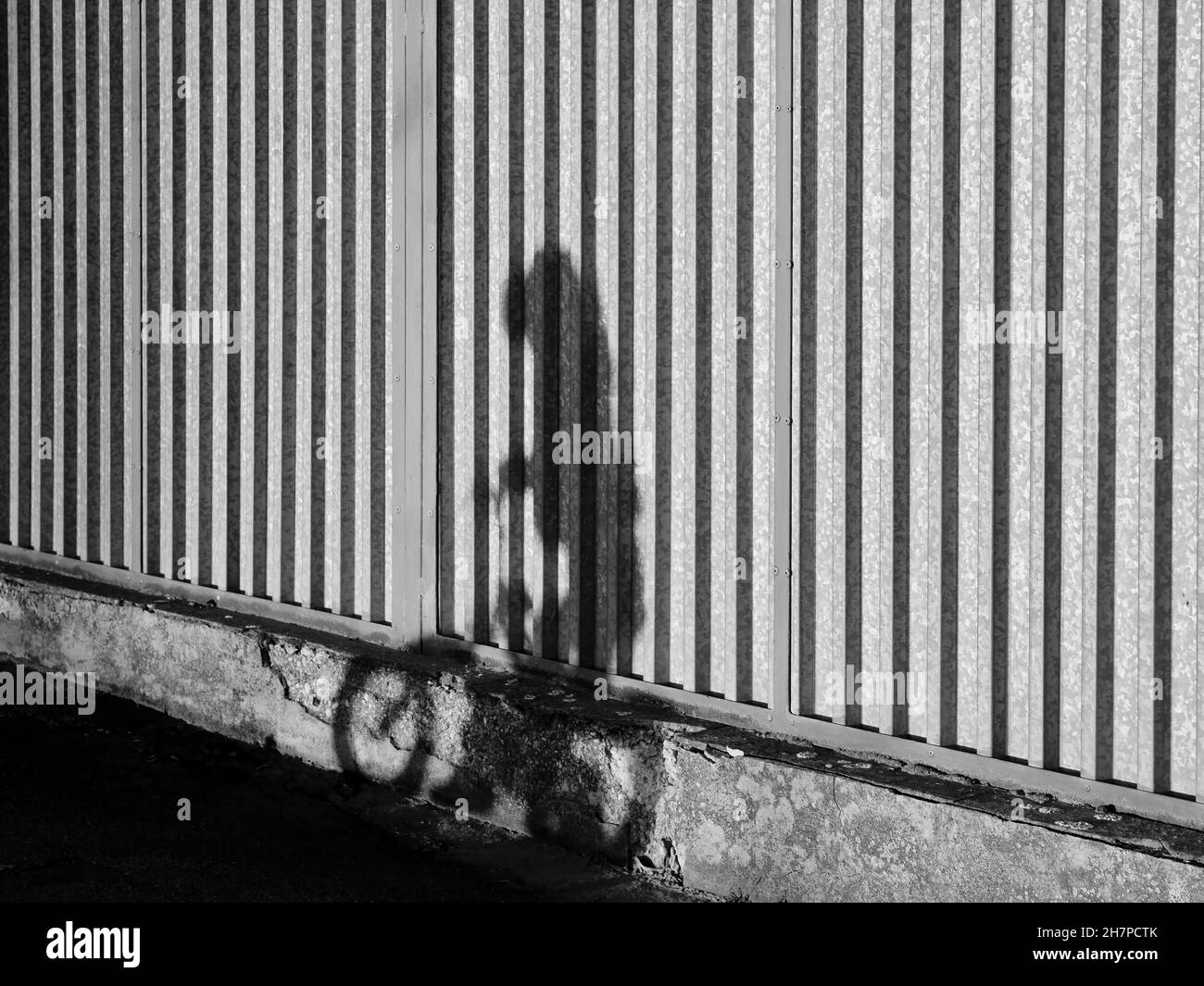 Photo de rue en noir et blanc d'une ombre d'enfant chevauchant un vélo sur un mur de métal rayé. Banque D'Images