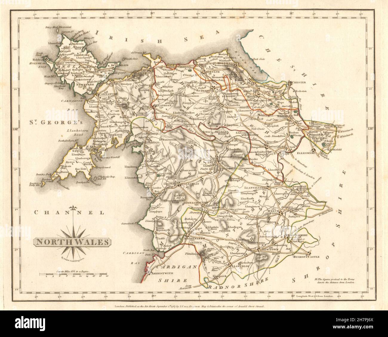 Carte antique du nord du Pays de Galles par JOHN CARY. Contour original de couleur, 1787 Banque D'Images