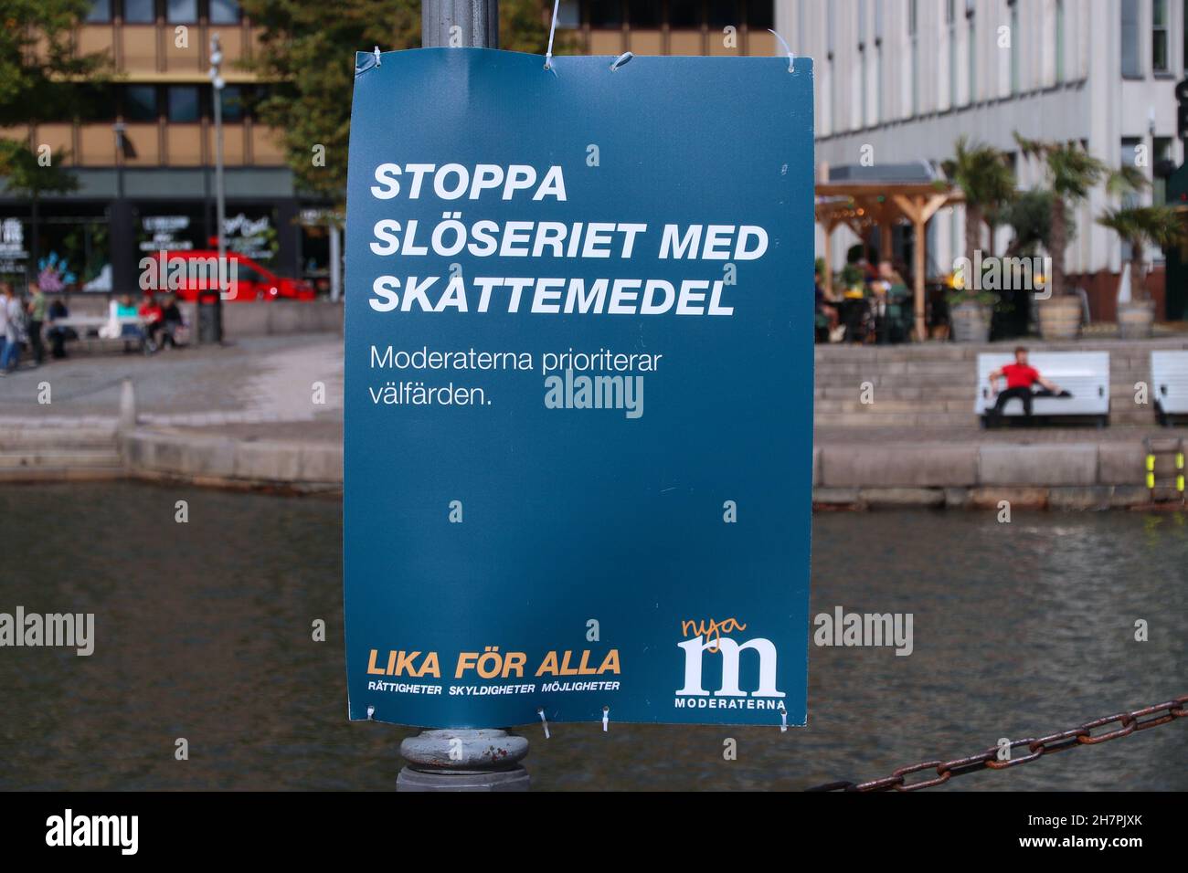 GÖTEBORG, SUÈDE - 26 AOÛT 2018 : affiche politique du Parti modéré (Moderaterna) avant les élections générales suédoises de 2018. Banque D'Images