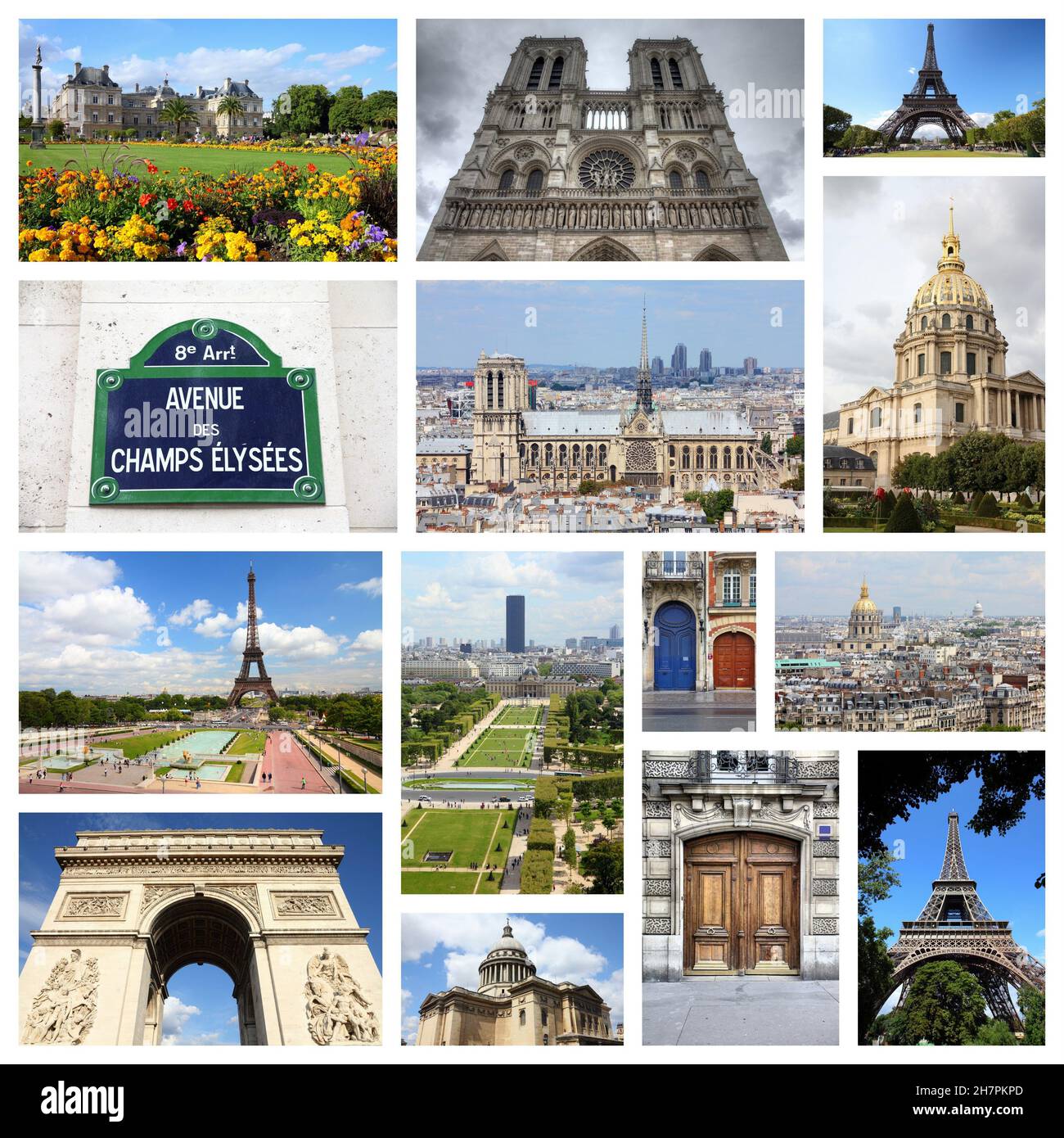 Paris, France - Collage photo de voyage avec notre Dame, le Palais du Luxembourg et la Tour Eiffel. Banque D'Images