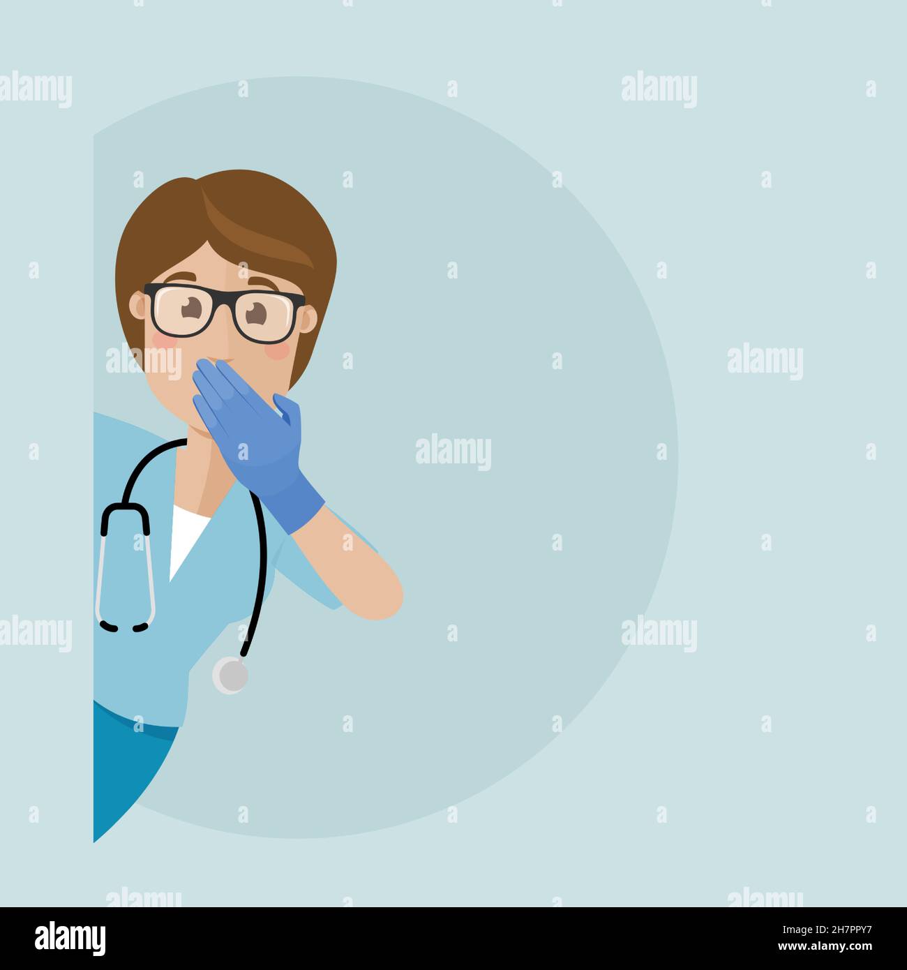 Une infirmière portant des gants de protection sort du coin.Elle couvre sa bouche avec la paume de sa main.L'infirmière est surprise et en shoc Illustration de Vecteur