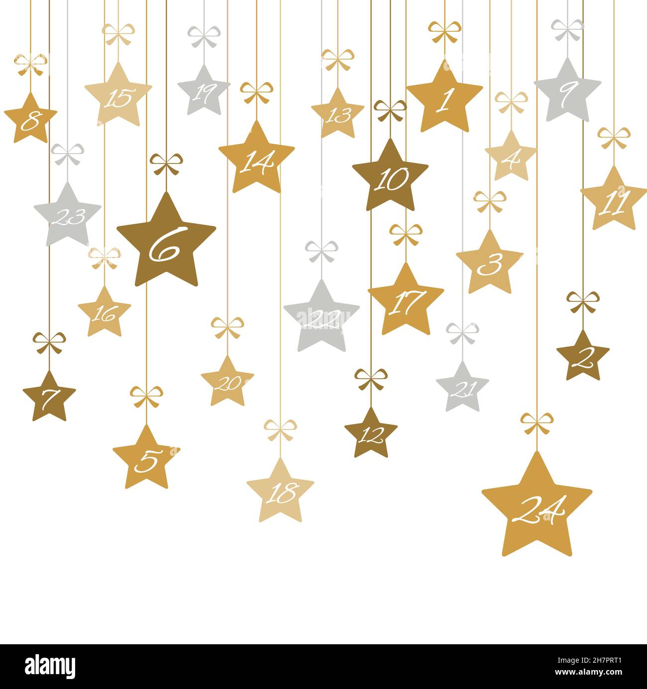 suspension des étoiles de noël couleur or avec les numéros 1 à 24 montrant le calendrier de l'avent pour les concepts de noël et d'hiver, fond blanc Illustration de Vecteur
