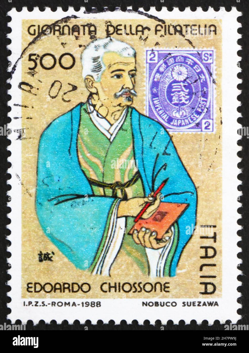 ITALIE - VERS 1989: Un timbre imprimé en Italie montre le Japon Timbres et le concepteur de timbres Edoardo Chiossone, vers 1989 Banque D'Images