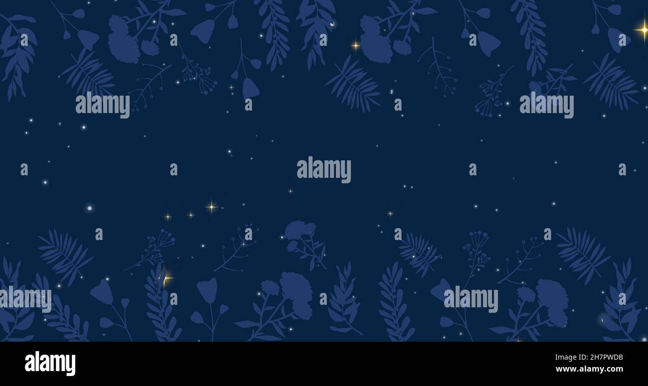 Image composite numérique de branches et d'étoiles scintillantes sur fond bleu abstrait Banque D'Images