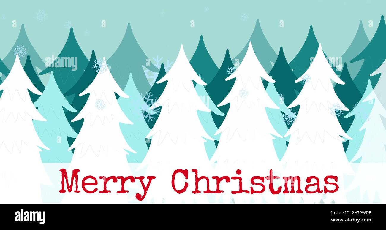 Joyeux noël texte en rouge sur la neige a couvert les pins blancs en forêt pendant l'hiver Banque D'Images