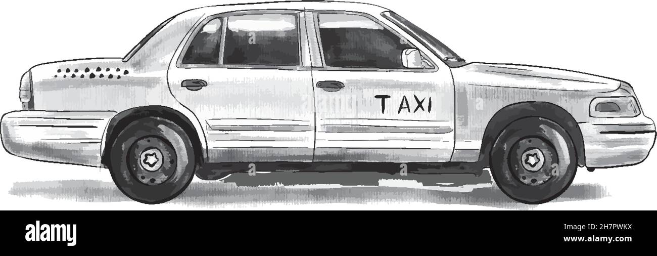 icône dessinée à la main.Taxi jaune.Isolé sur fond blanc. Illustration de Vecteur