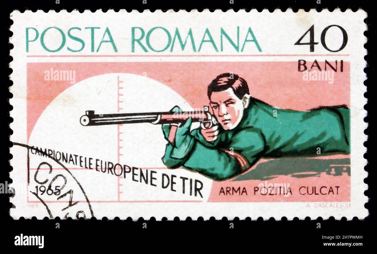 ROUMANIE - VERS 1965 : un timbre imprimé en Roumanie montre le tir à la carabine, Prone, European Shooting Championships, Bucarest, vers 1965 Banque D'Images