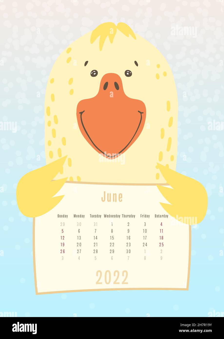 calendrier du 2022 juin, adorable oiseau d'oie de canard tenant une feuille de calendrier mensuelle, style puérile dessiné à la main. Illustration de Vecteur