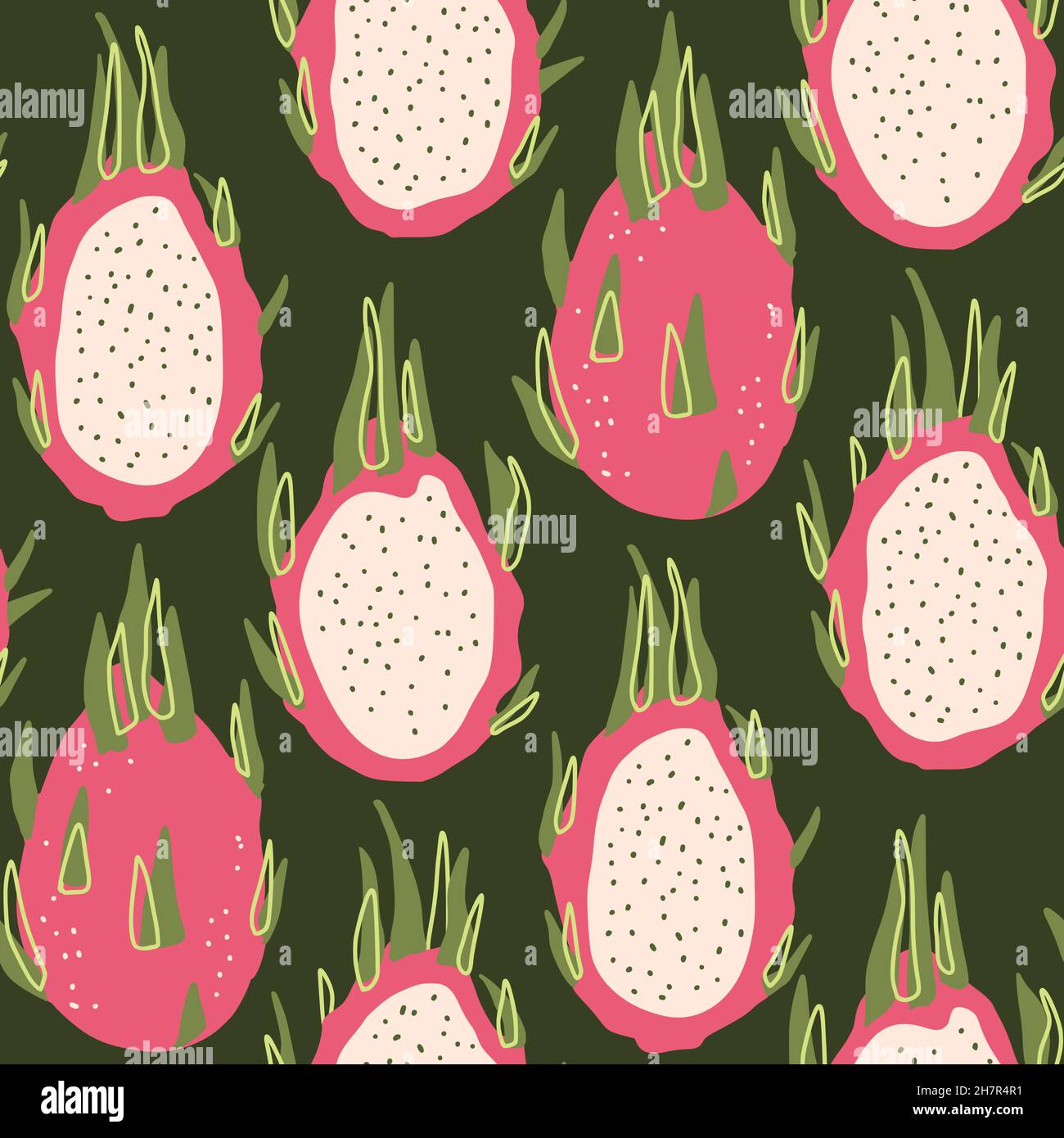 Été dragon fruit tropical dessin animé Doodle sans couture Illustration de Vecteur