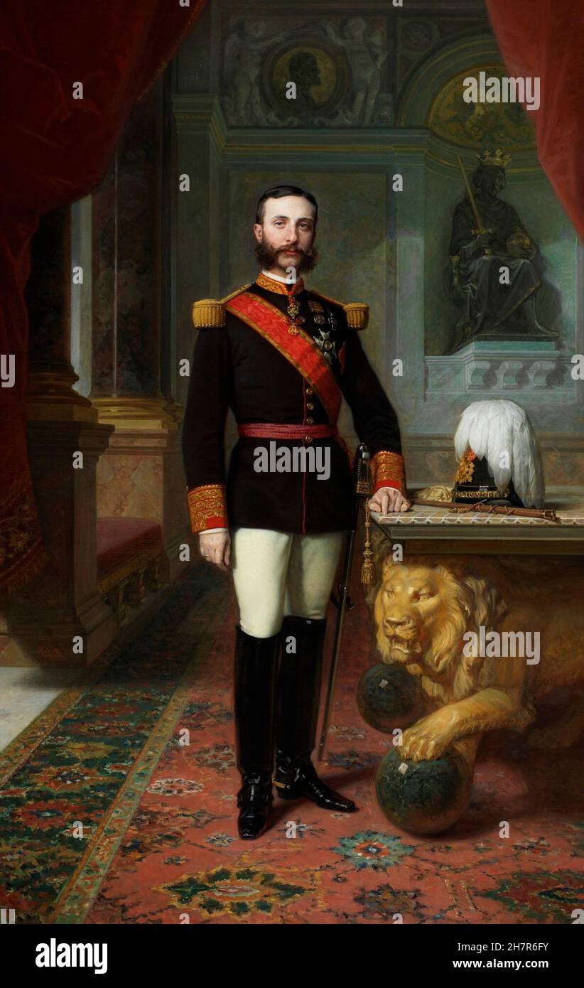 Portrait du roi Alfonso XII d'Espagne (1857-1885), fils de la reine Élisabeth II d'Espagne et du roi Francisco de Asís de Borbón. Banque D'Images