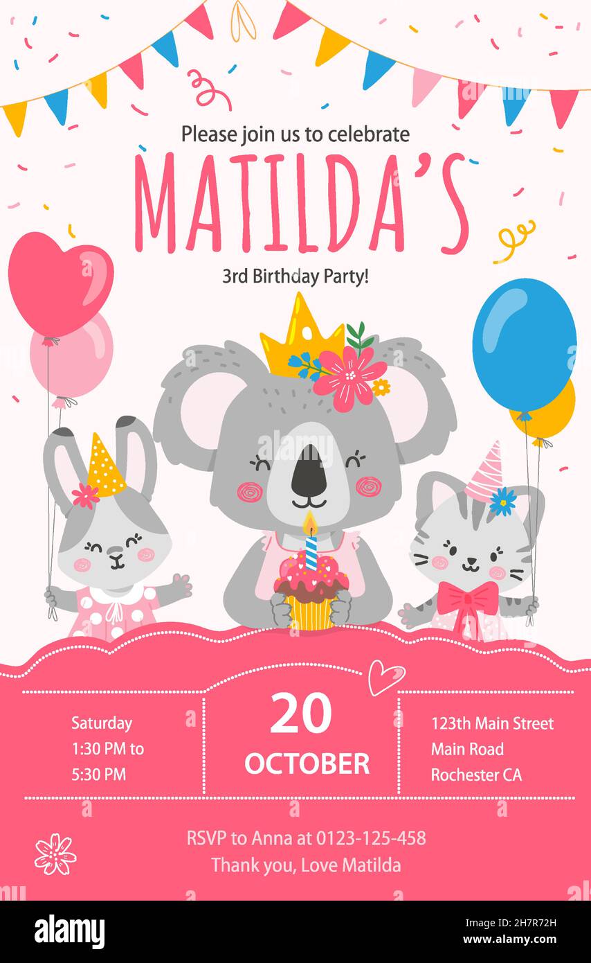 Joyeux Anniversaire Invitation Modele De Carte Pour La Fete Design Pour La Fete Avec Des Personnages Koala Lapin Et Chat Filles Illustration Moderne De Vecteur Dans Plat Sty Image Vectorielle Stock Alamy