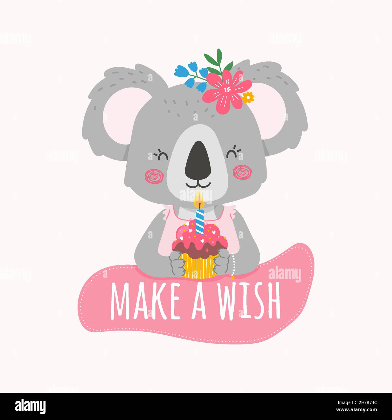 Adorable koala fille tenant un muffin d'anniversaire avec une bougie.faire  un souhait, carte d'anniversaire, invitation d'anniversaire.Holiday  girl.Vector illustration plate Image Vectorielle Stock - Alamy