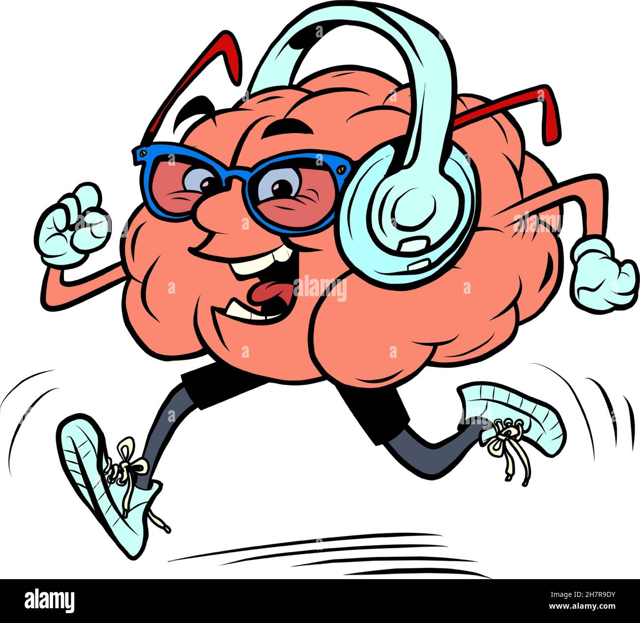 un coureur sur un jogging écoute la musique. personnage de cerveau humain, intelligent sage Illustration de Vecteur