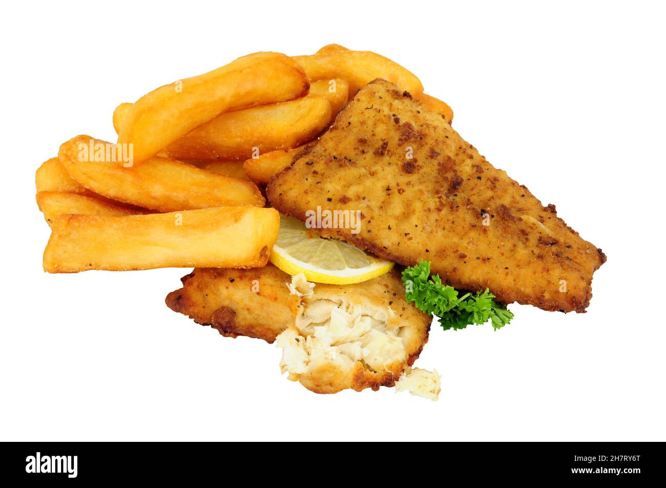 Filets de poisson frits et croustilles d'aiglefin panés Banque D'Images