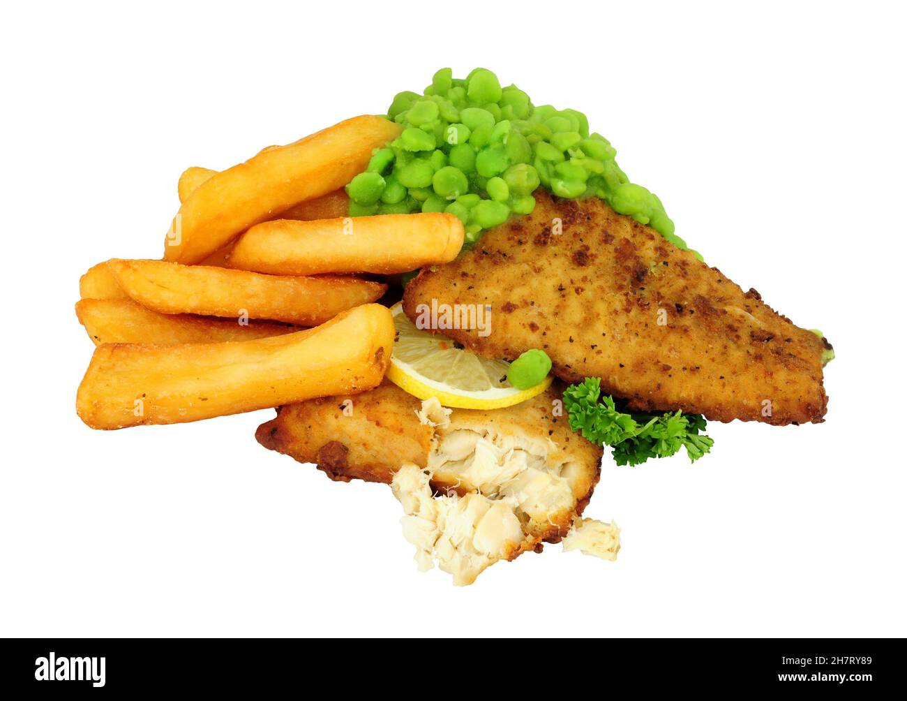 Filets d'aiglefin frits et croustilles cuits repas avec pois mushy Banque D'Images