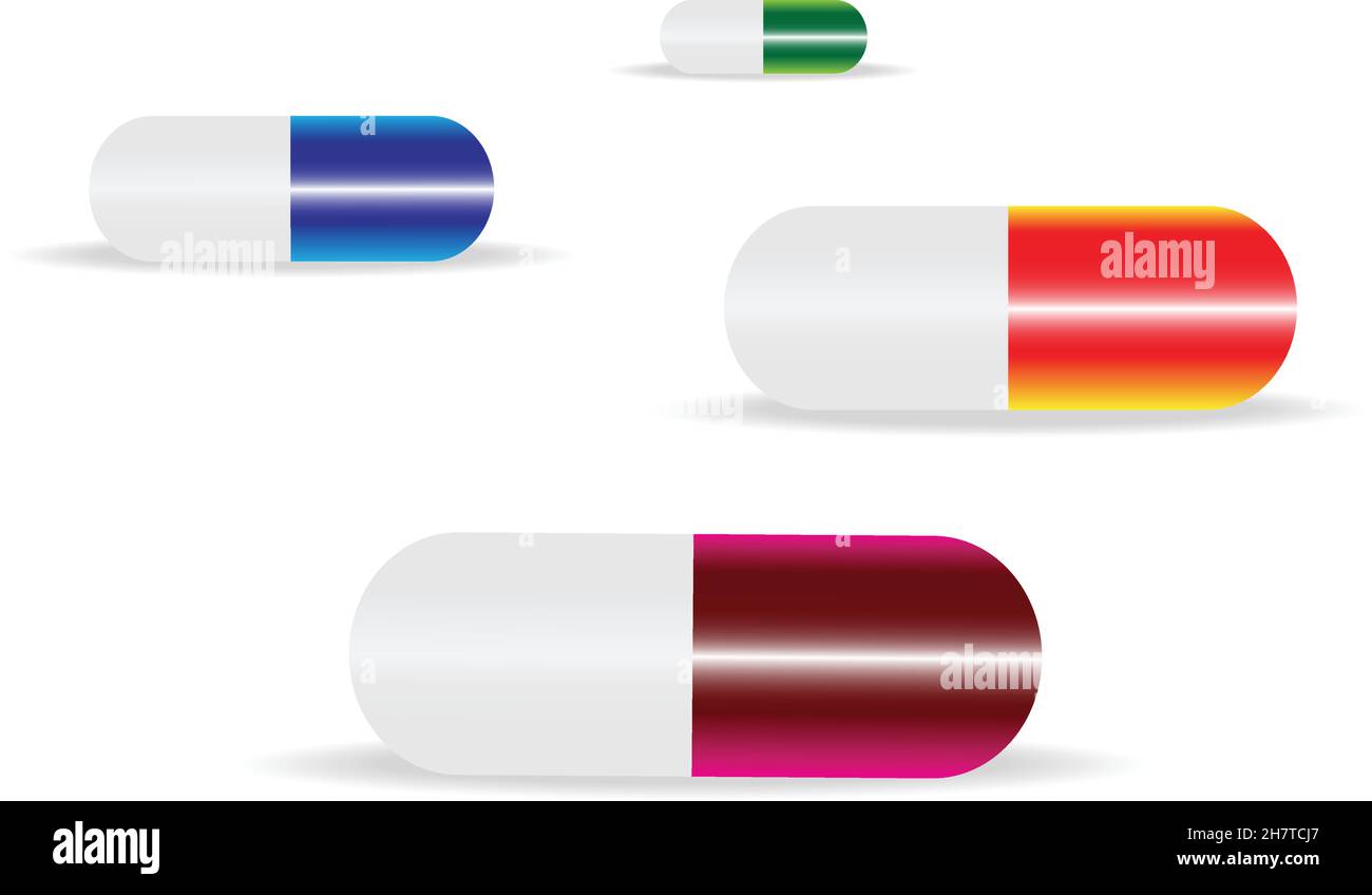 Pilules et médicaments colorés isolés sur fond blanc, comprimés médicaux et icônes de comprimés ensemble d'illustrations vectorielles, vue en perspective Illustration de Vecteur