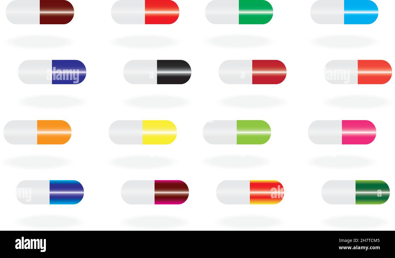 Pilules et médicaments de couleur isolés sur fond blanc, comprimés médicaux et icônes de comprimés scénario ensemble d'illustration Illustration de Vecteur