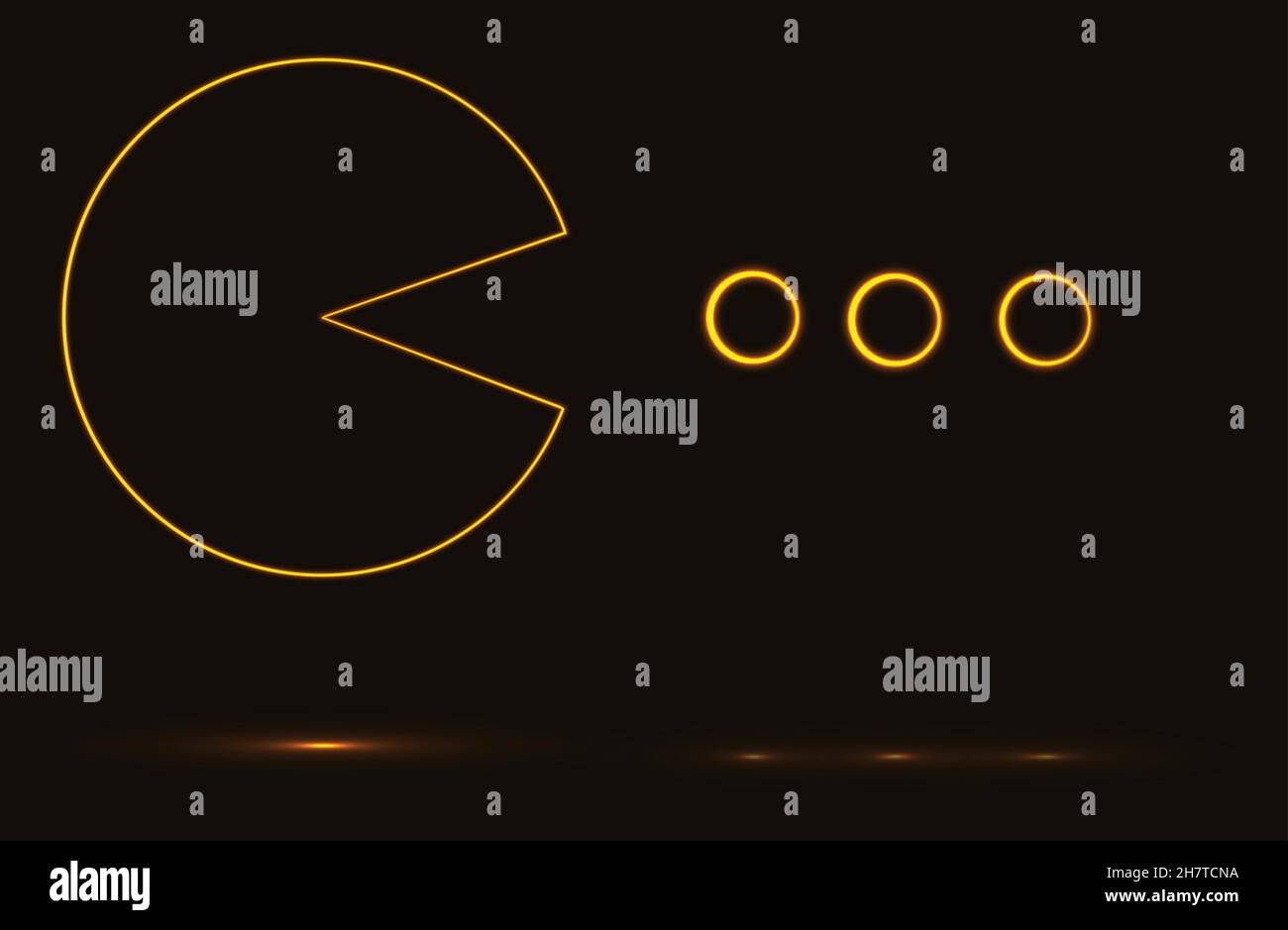 PAC-Man mangeant balles lumineux vector contour, illustration de thème de jeu vidéo.Jeux rétro dans l'histoire de l'industrie du jeu Illustration de Vecteur