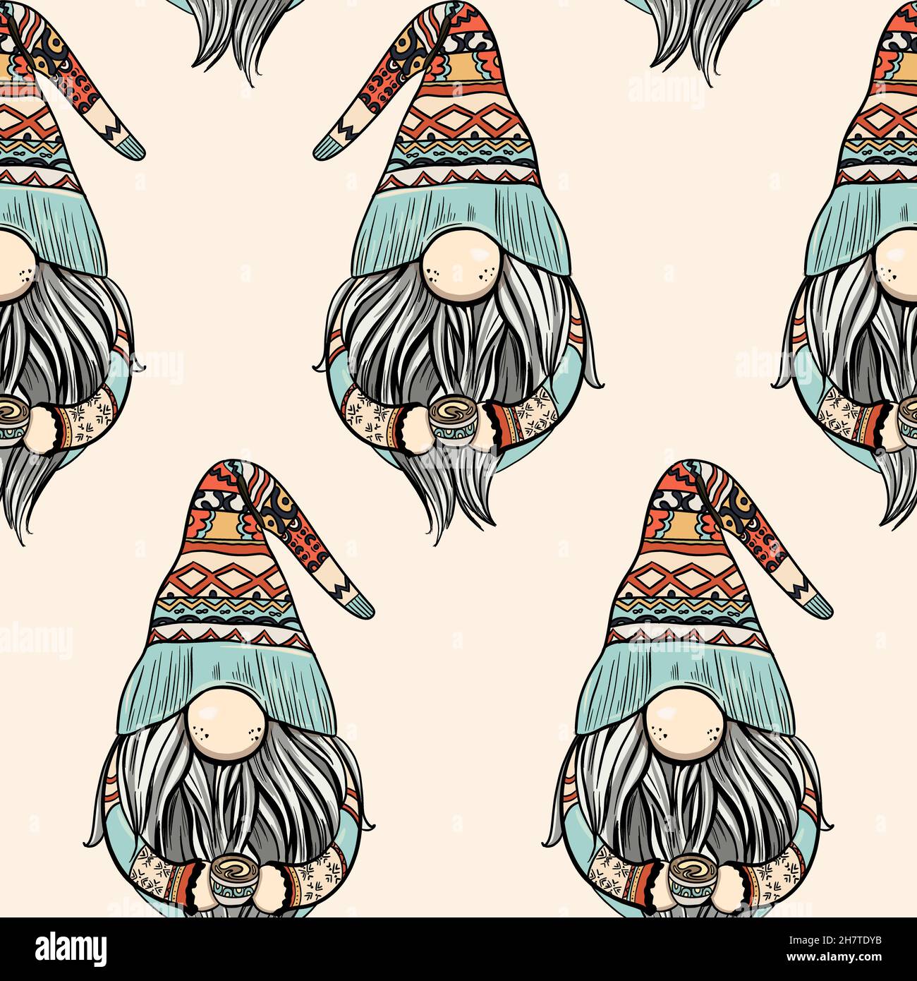 Illustration sans couture d'un gnome avec une barbe dans un chapeau.Symbole nouvel an et noël sur fond beige.Illustration de haute qualité Banque D'Images