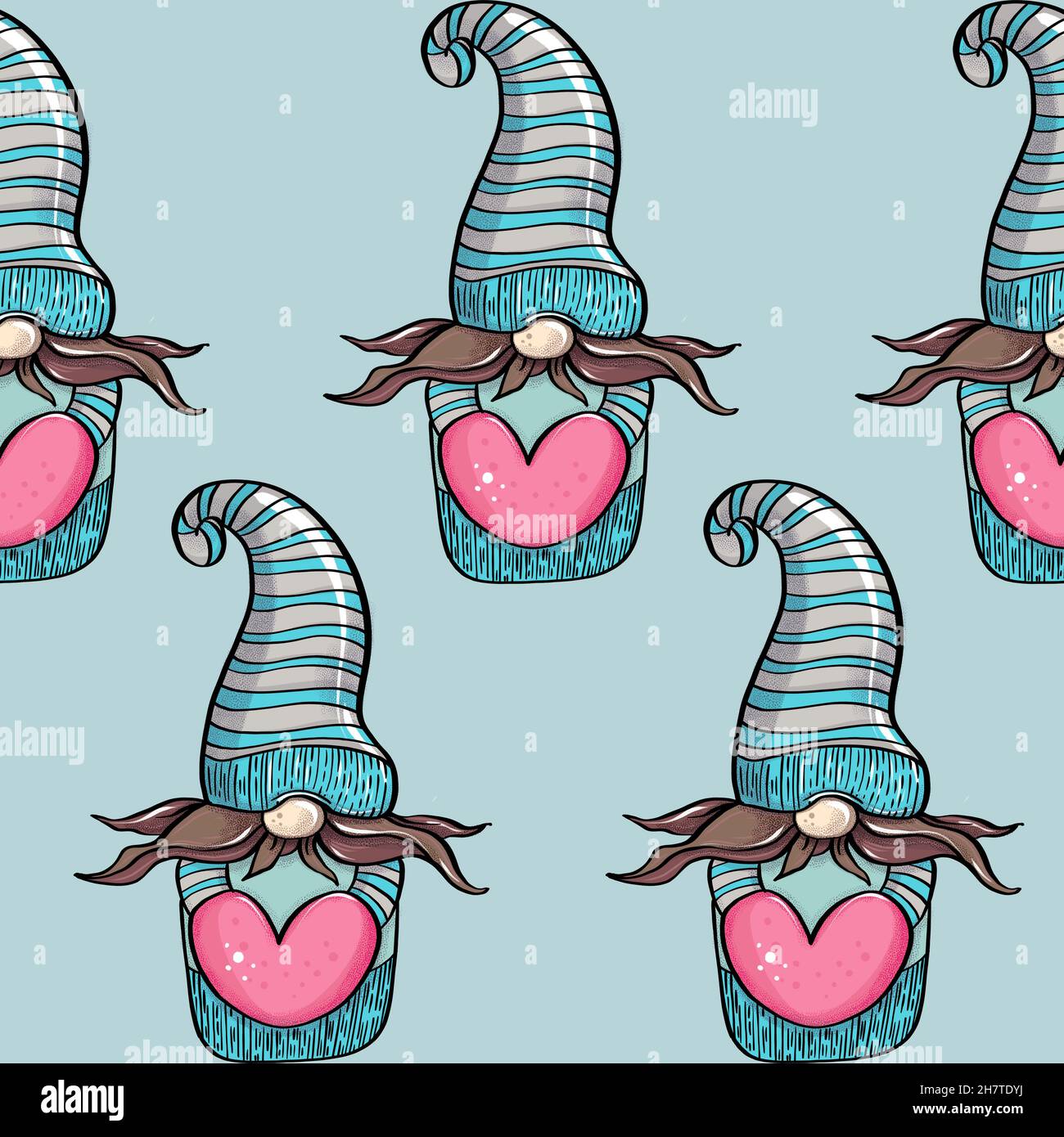 Illustration sans couture d'un gnome avec une barbe dans un chapeau.Symbole nouvel an et noël sur fond bleu.Illustration de haute qualité Banque D'Images