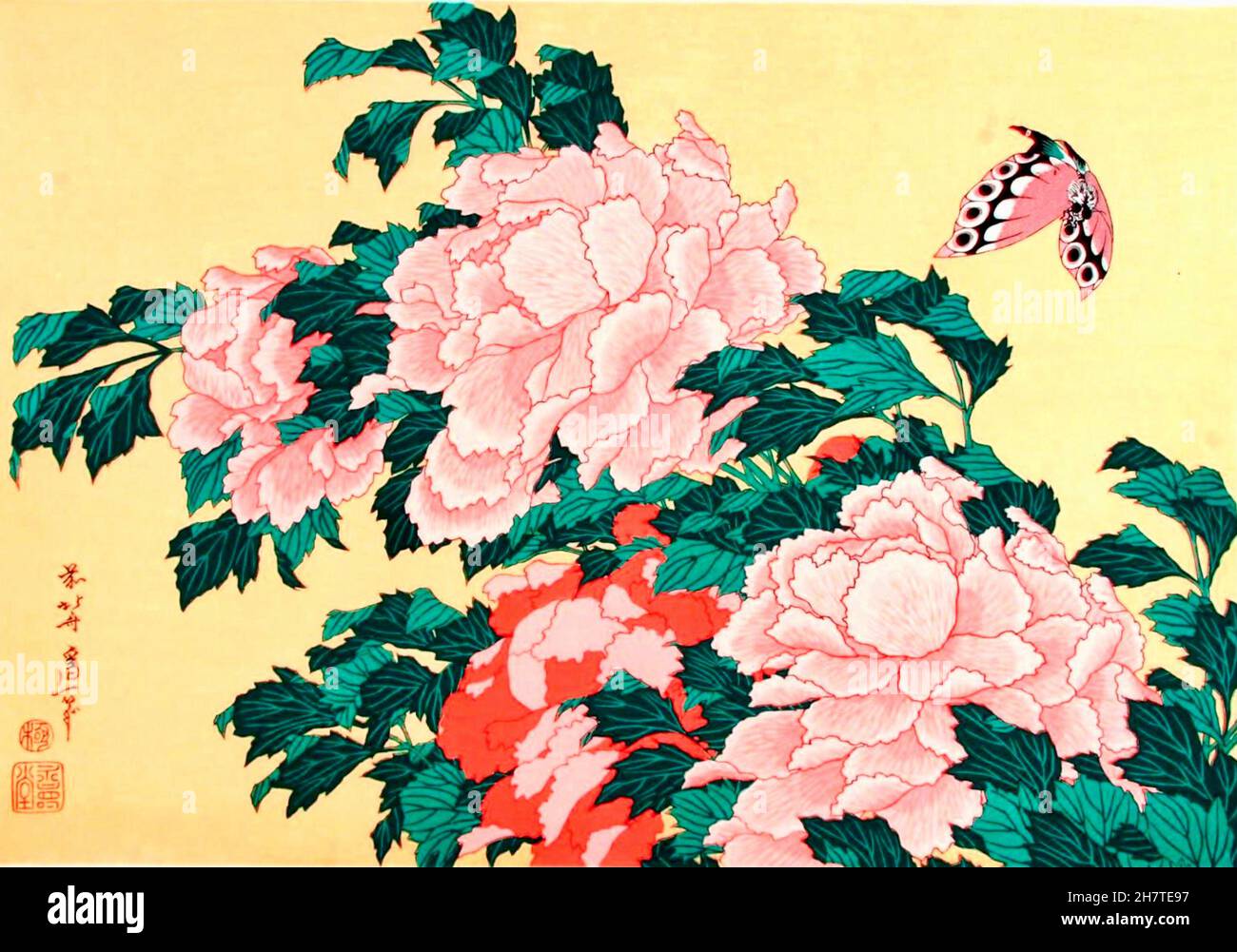 Hokusai - pivoines et fleurs Banque D'Images