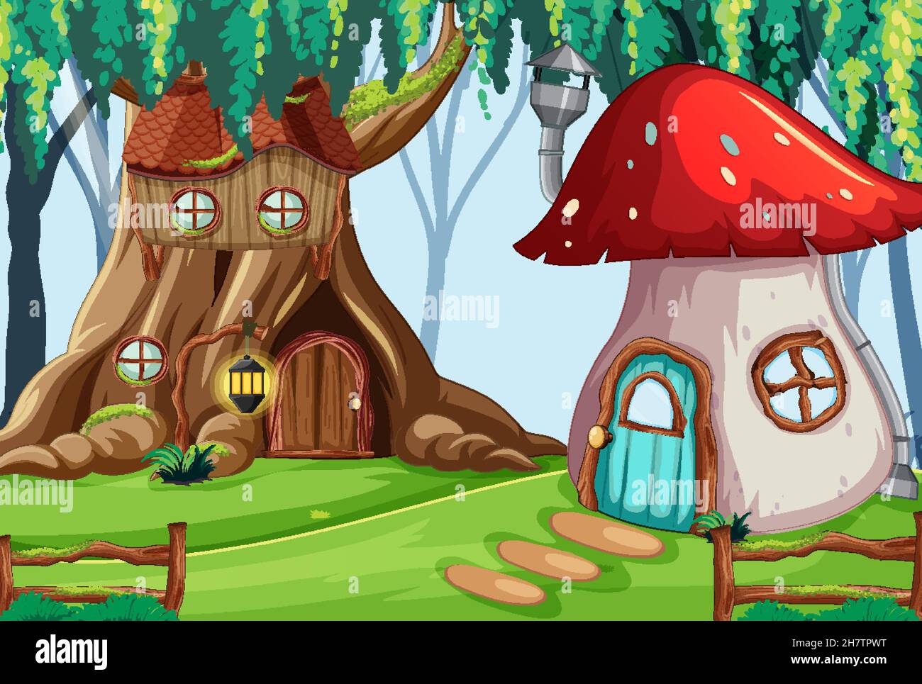 Arbre creux et champignon maison dans la forêt enchantée illustration Illustration de Vecteur