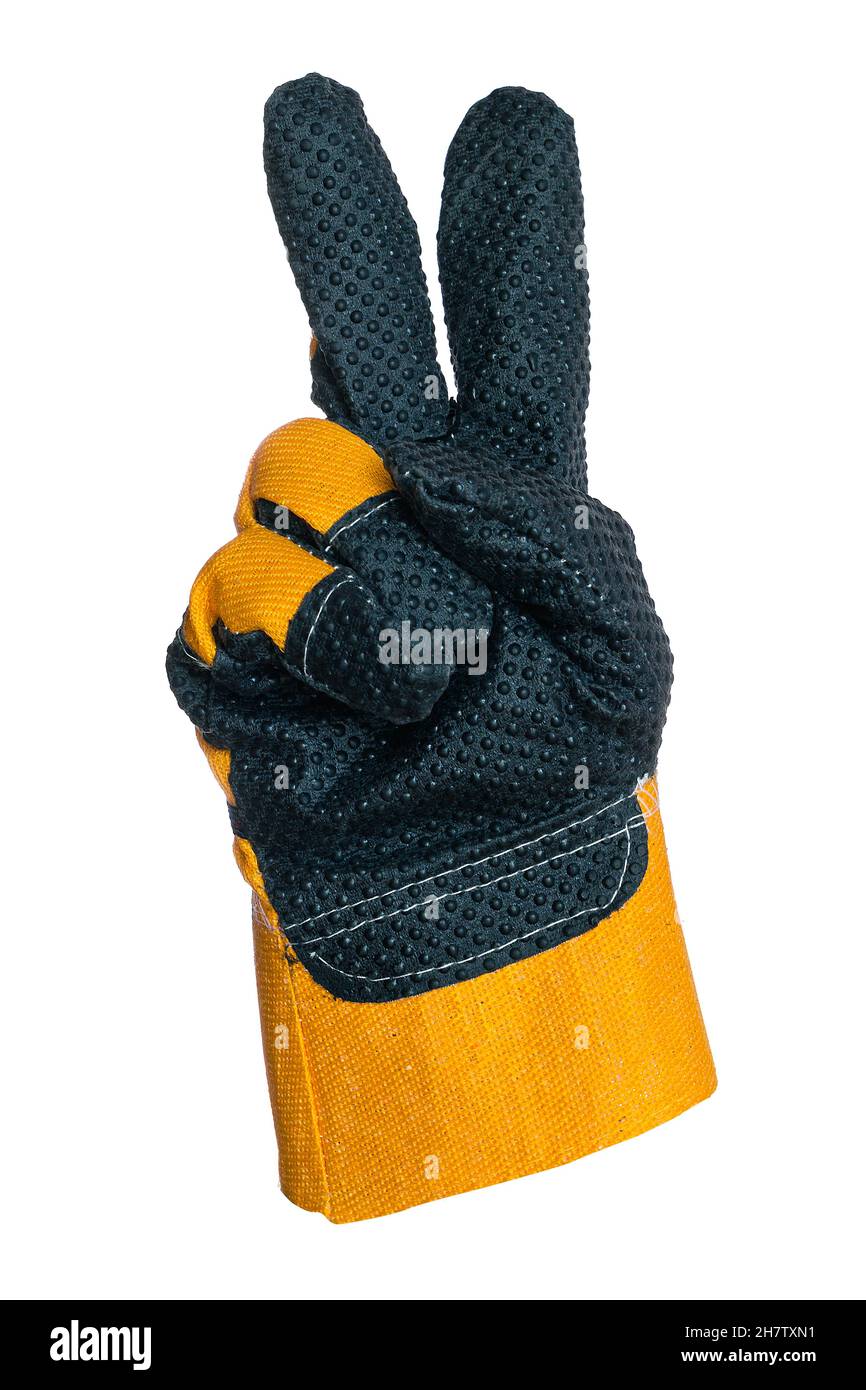 Main dans le gant de construction.Deux doigts vers le haut.Symbole ou signe.Objet pour coosmose.Isolé sur fond blanc. Banque D'Images
