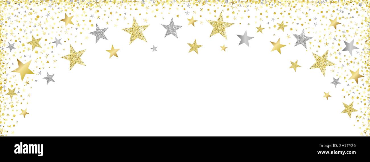 Décoration de Noël bordure festive avec étoiles et confettis dorés à paillettes.Bonne année ou arrière-plan de Noël avec vecteur or et étoile d'argent Illustration de Vecteur