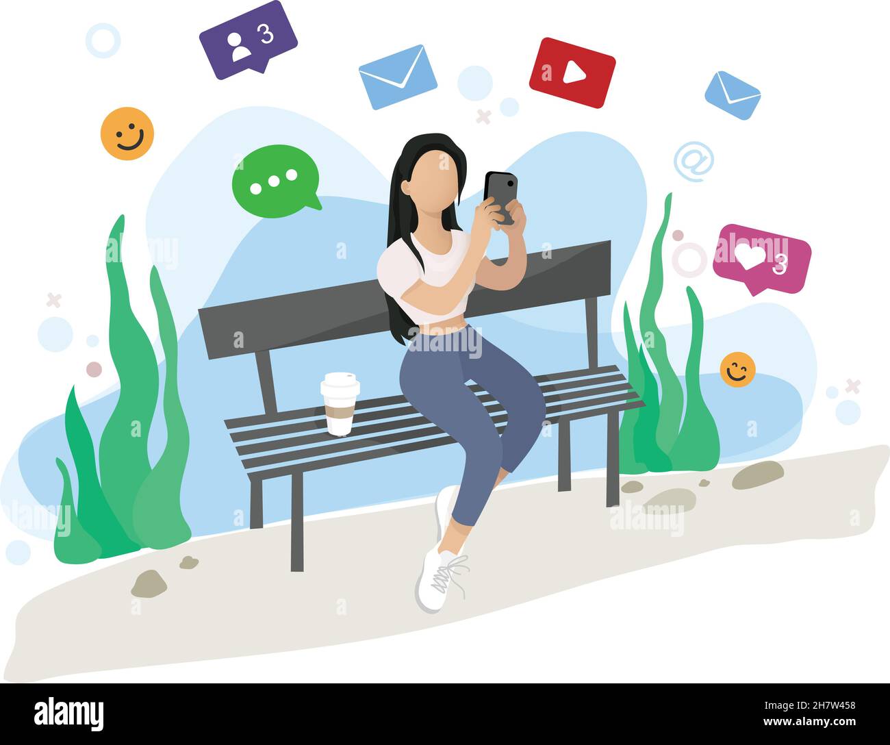 Une jeune fille s'assoit sur un banc avec son téléphone dans la main et surfe l'Internet.Checking social apps.Coffee dans le parc.FOMO, dépendance mobile. Illustration de Vecteur