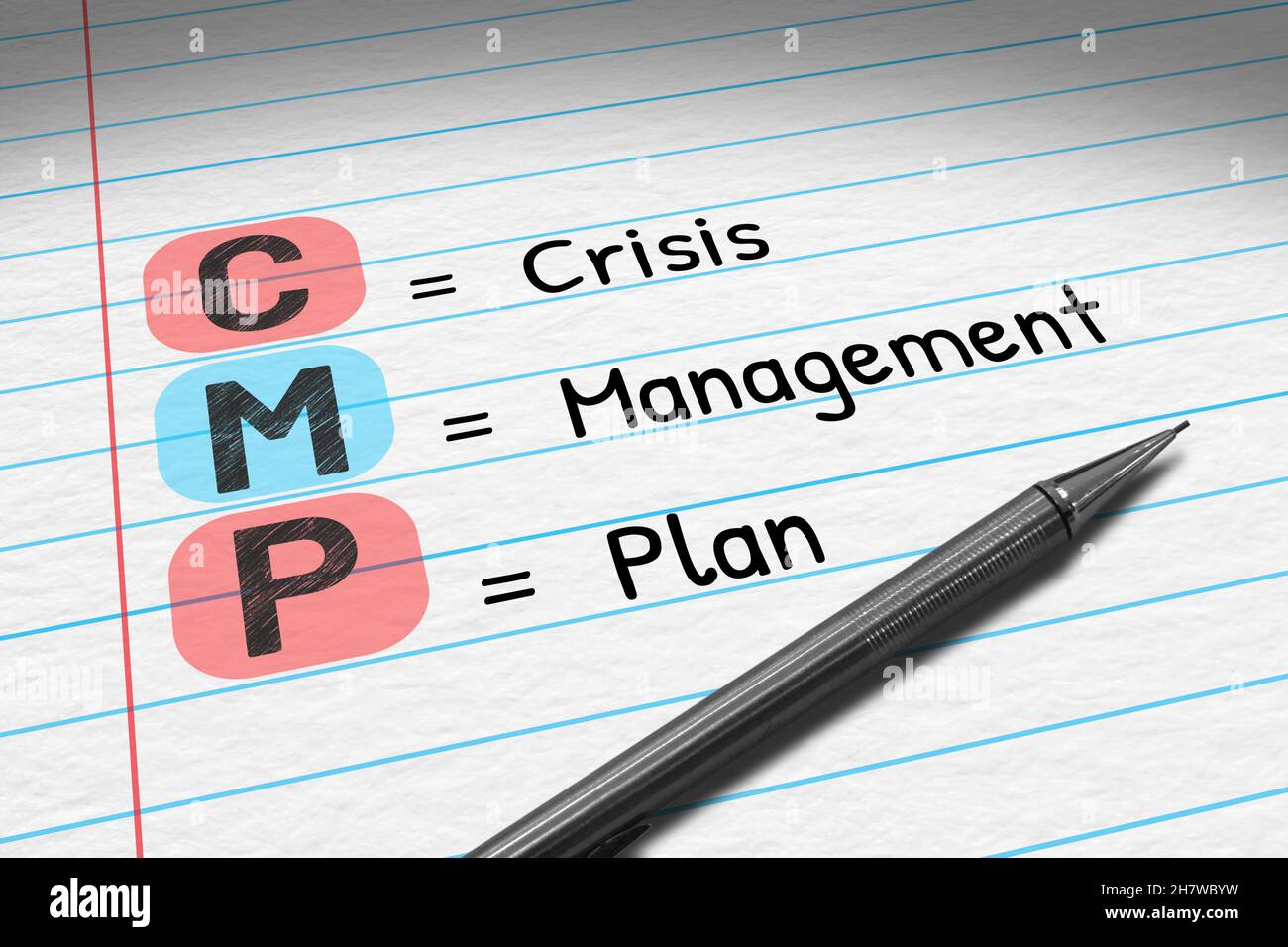 CMP - Plan de gestion de crise.Illustration 3D de l'acronyme commercial sur le bloc-notes. Banque D'Images