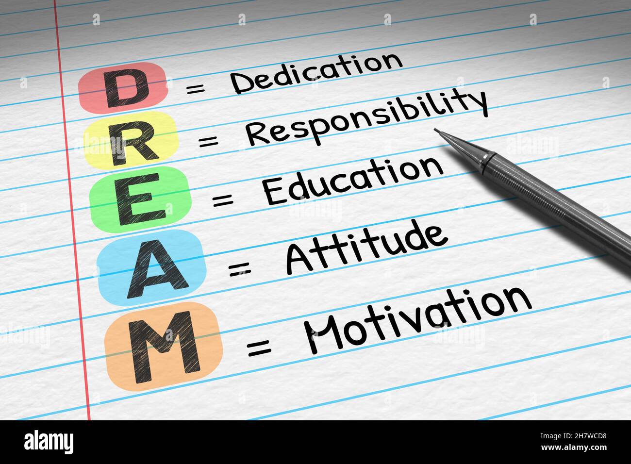 RÊVE - dévouement responsabilité éducation attitude motivation.Illustration 3D de l'acronyme commercial sur le bloc-notes. Banque D'Images