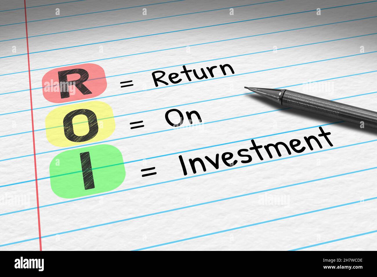 Retour sur investissement : retour sur investissement.Illustration 3D de l'acronyme commercial sur le bloc-notes. Banque D'Images
