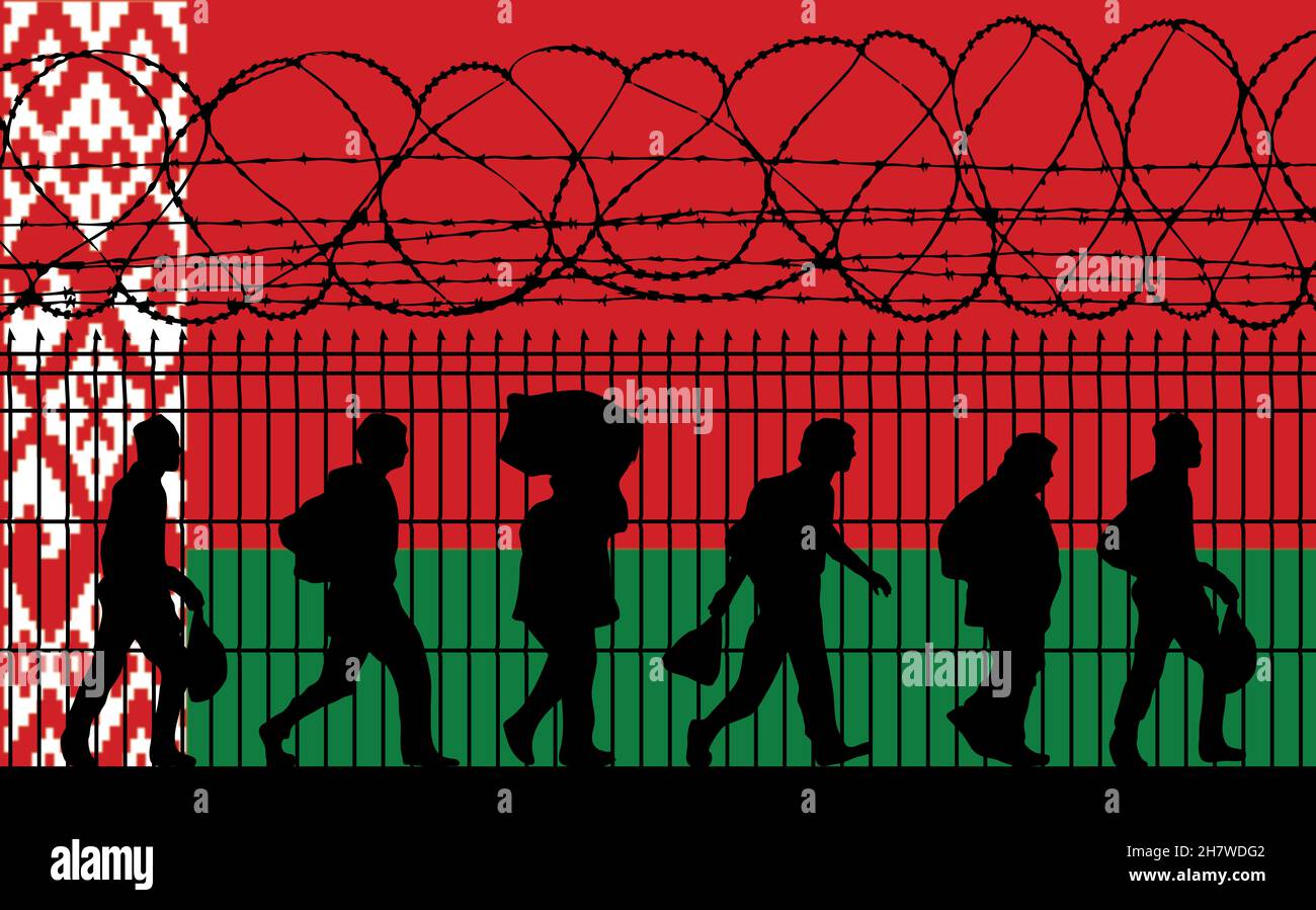 Drapeau de la Biélorussie.Réfugiés près d'une clôture barbelée.Les immigrants utilisés comme arme politique pour une attaque hybride dans les pays d'Europe de l'est Banque D'Images