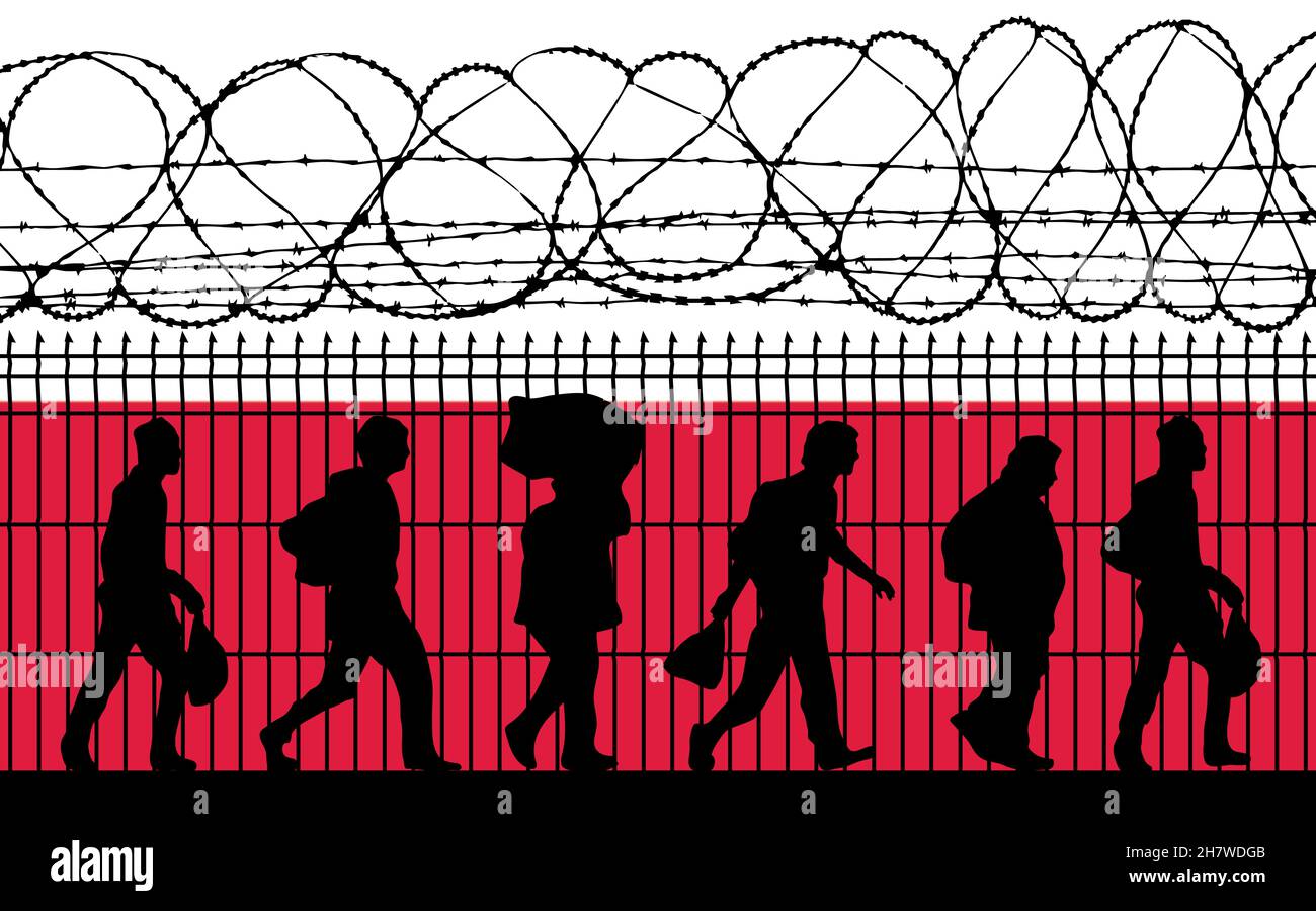 Drapeau de Pologne.Réfugiés près d'une clôture barbelée.Les immigrants utilisés comme arme politique pour une attaque hybride dans les pays d'Europe de l'est Banque D'Images