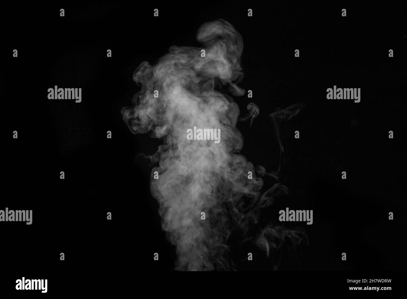 Fragment de fumée blanche à la vapeur bouclés isolée sur fond noir, gros plan.Arrière-plan abstrait, élément de conception Banque D'Images