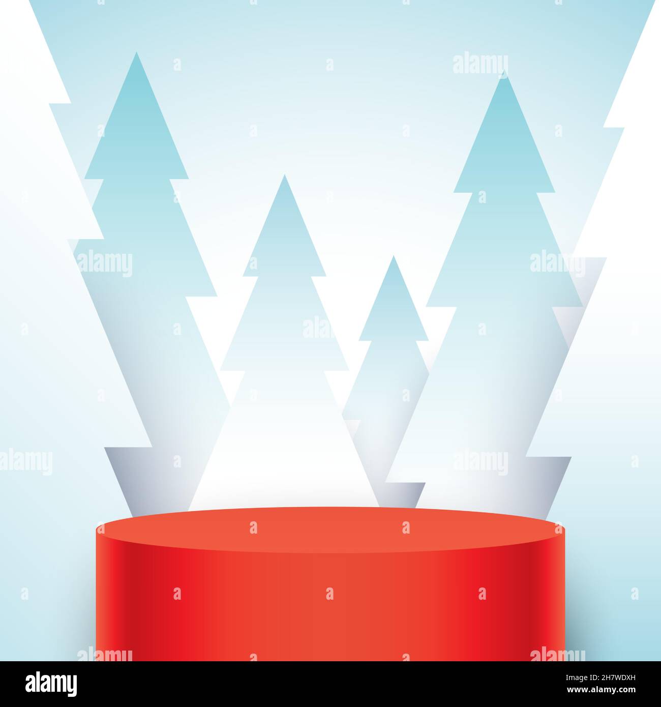 Scène de cylindre rouge, debout sur fond de forêt enneigée.Arrière-plan vectoriel de vacances d'hiver avec arbres de Noël et piédestal rond, avec espace vide. Illustration de Vecteur