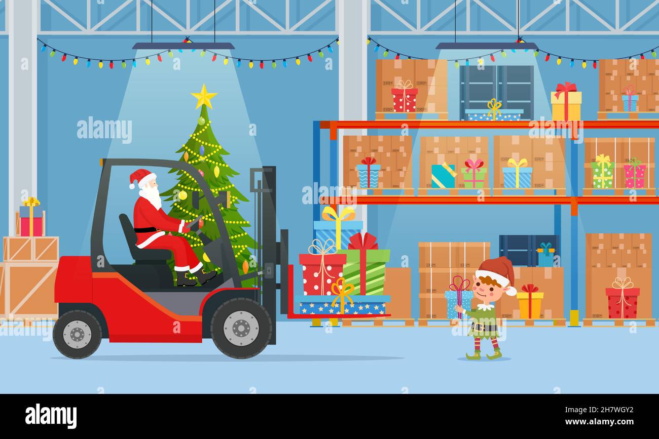 Le Père Noël en chariot élévateur rouge Illustration de Vecteur