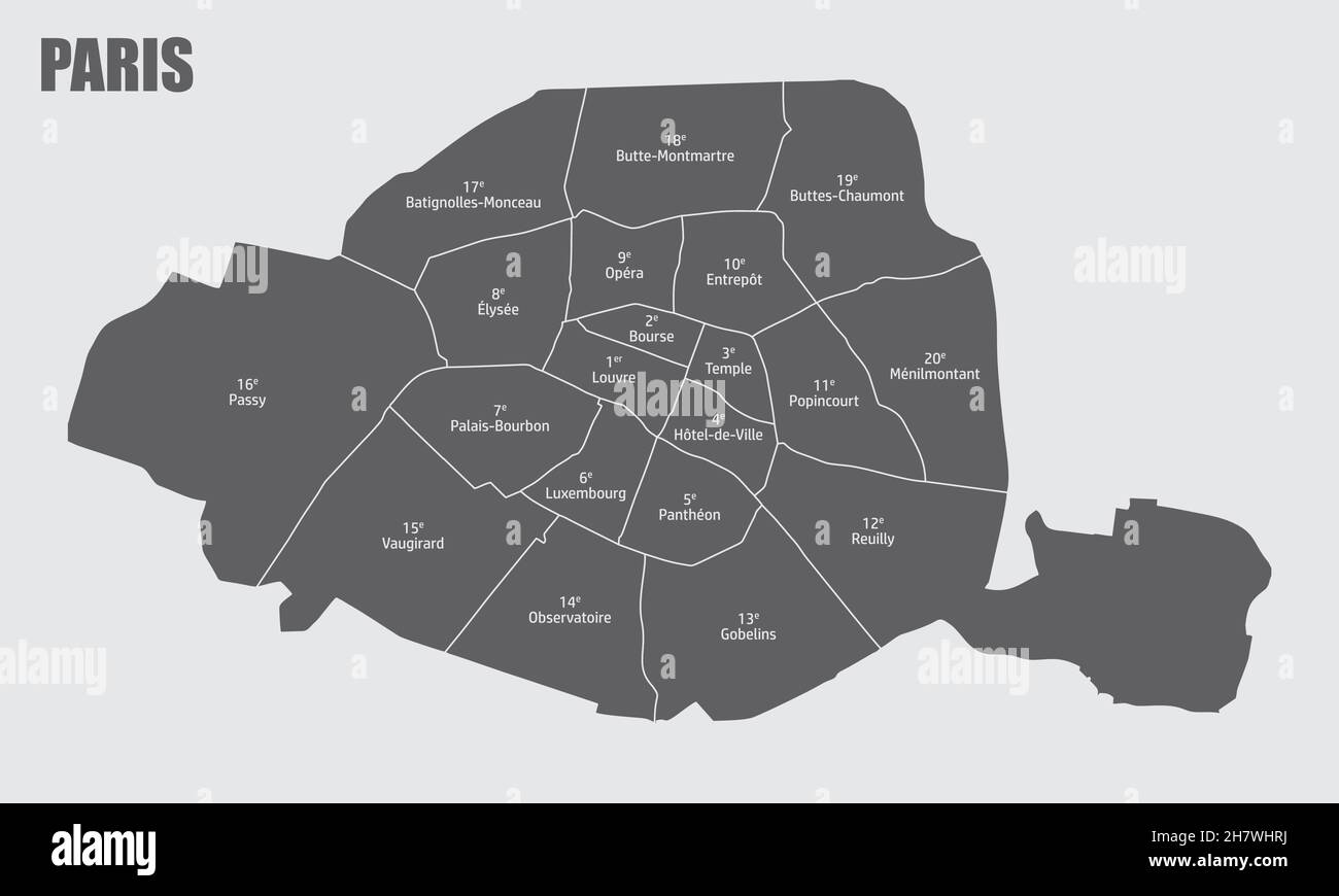Carte administrative de Paris, France.Carte isolée avec des étiquettes. Illustration de Vecteur