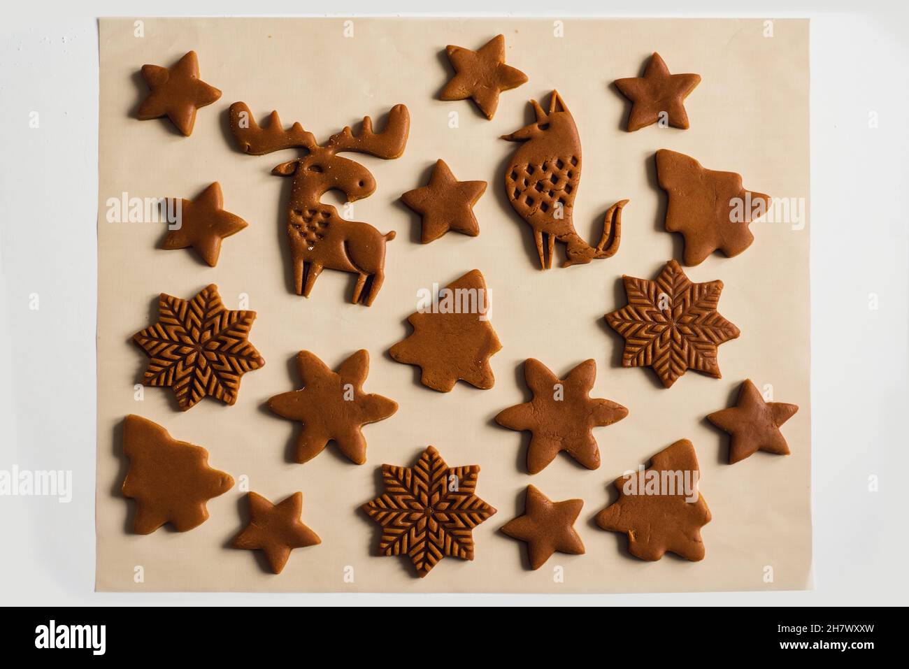 Motif de biscuits de pain d'épice de Noël sous forme d'animaux, d'arbres, de flocons de neige.Biscuits coupés de pâte crue sur un tapis de cuisson, vue de dessus, gros plan Banque D'Images