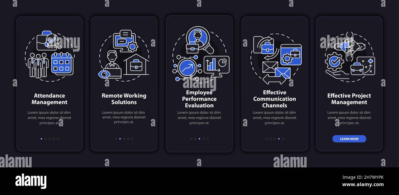 Avantages de la surveillance des employés écran sombre de la page d'application mobile d'intégration Illustration de Vecteur