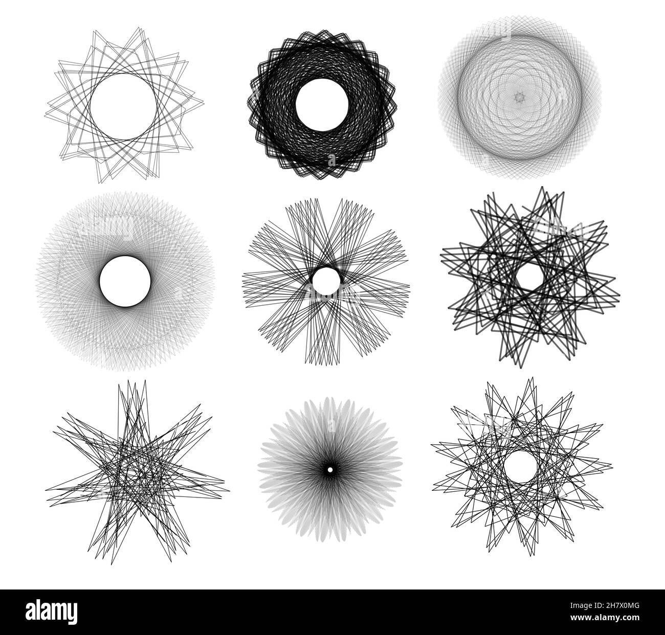 Jeu d'illustrations d'étoiles et de cercles, formes isolées sur fond blanc Banque D'Images
