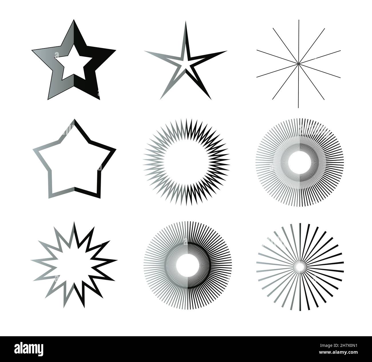 Jeu d'illustrations en forme d'étoile noire et blanche.Différentes formes d'étoiles isolées sur fond blanc Banque D'Images